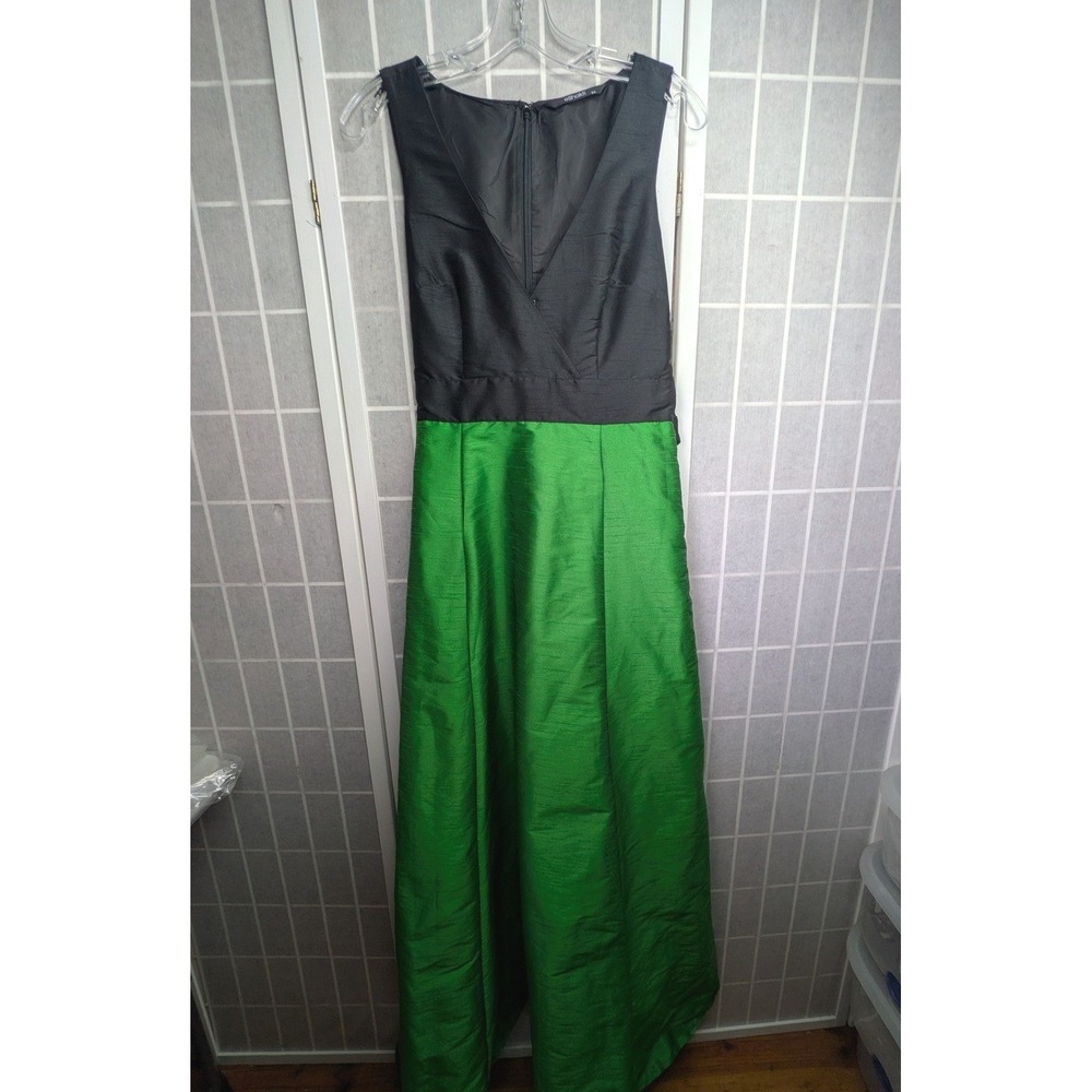 eShakti Womens Dupioni Maxi Dress 8 Colorblock Gown Medium Black Green Zip Sash